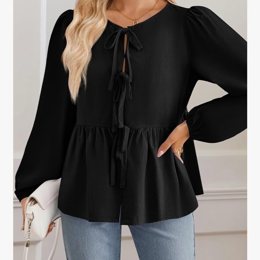 Tie front top. Long puff sleeve button peplum babydoll blouse. NWT